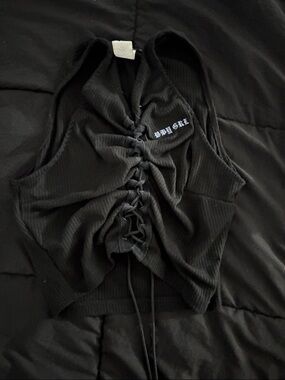 Fashion Nova Black Ribbed Lace-Up Crop Tank with 'BABY GIRL' Embroidery